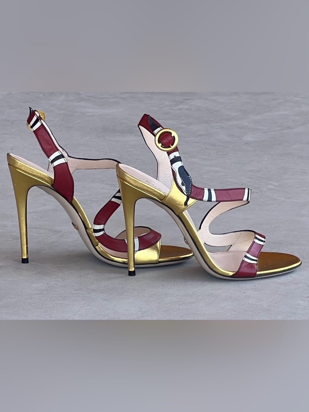 Gucci King Snake Motif Metallic Gold Red Leather Strappy Stiletto Sandals EU 38